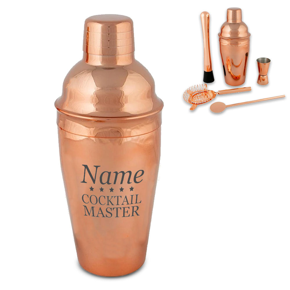 Engraved Rose Gold Cocktail Shaker Set with Cocktail Master Design Image 1