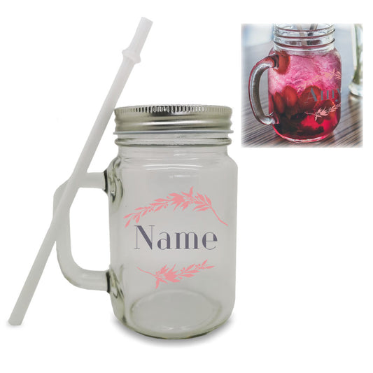 Colour Printed Mason Jar with Name and Wreath Design Image 1