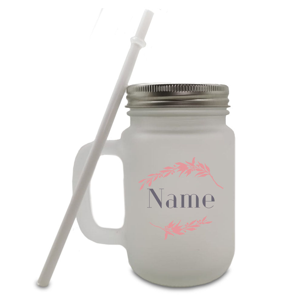 Colour Printed Frosted Mason Jar with Name and Wreath Design Image 2