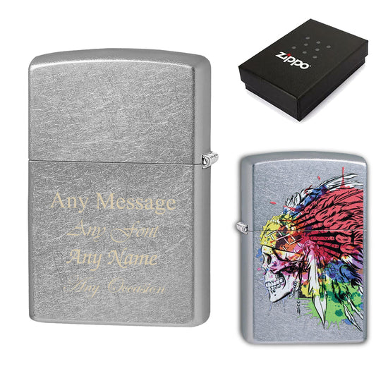 Engraved Skull with Headdress Official Zippo Windproof Lighter Image 1