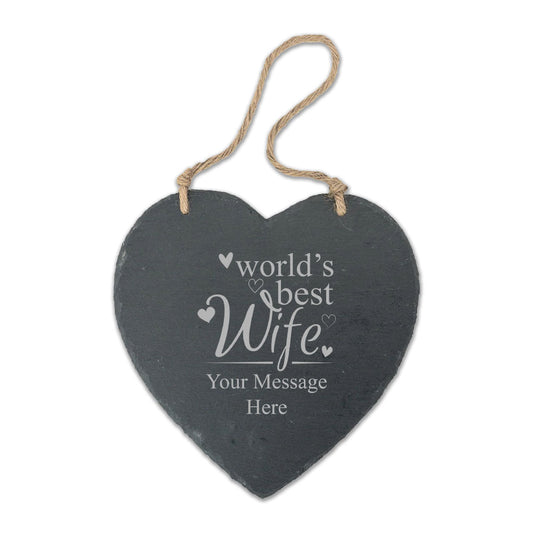 Engraved Hanging Heart Slate with World's Best Wife Design Image 1