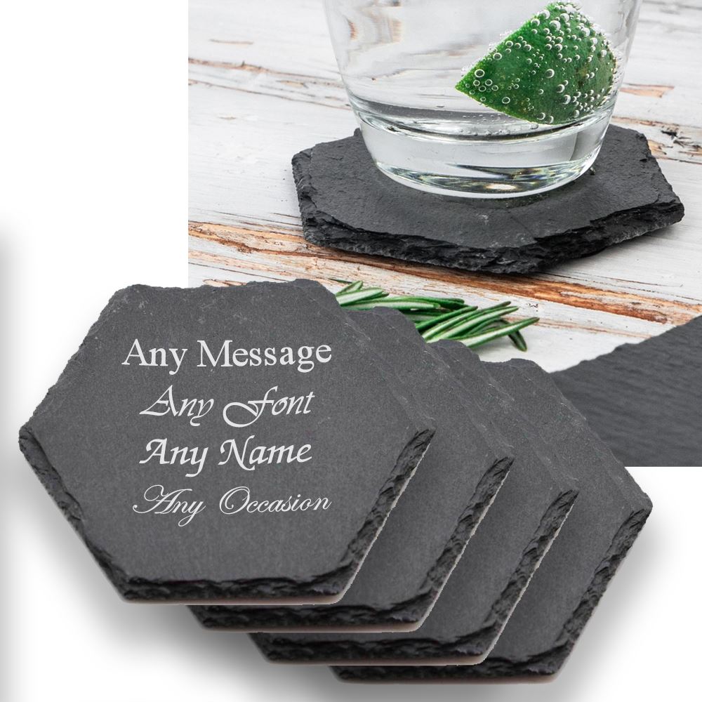 Engraved Set of 4 Hexagon Slate Drinks Coasters Image 1