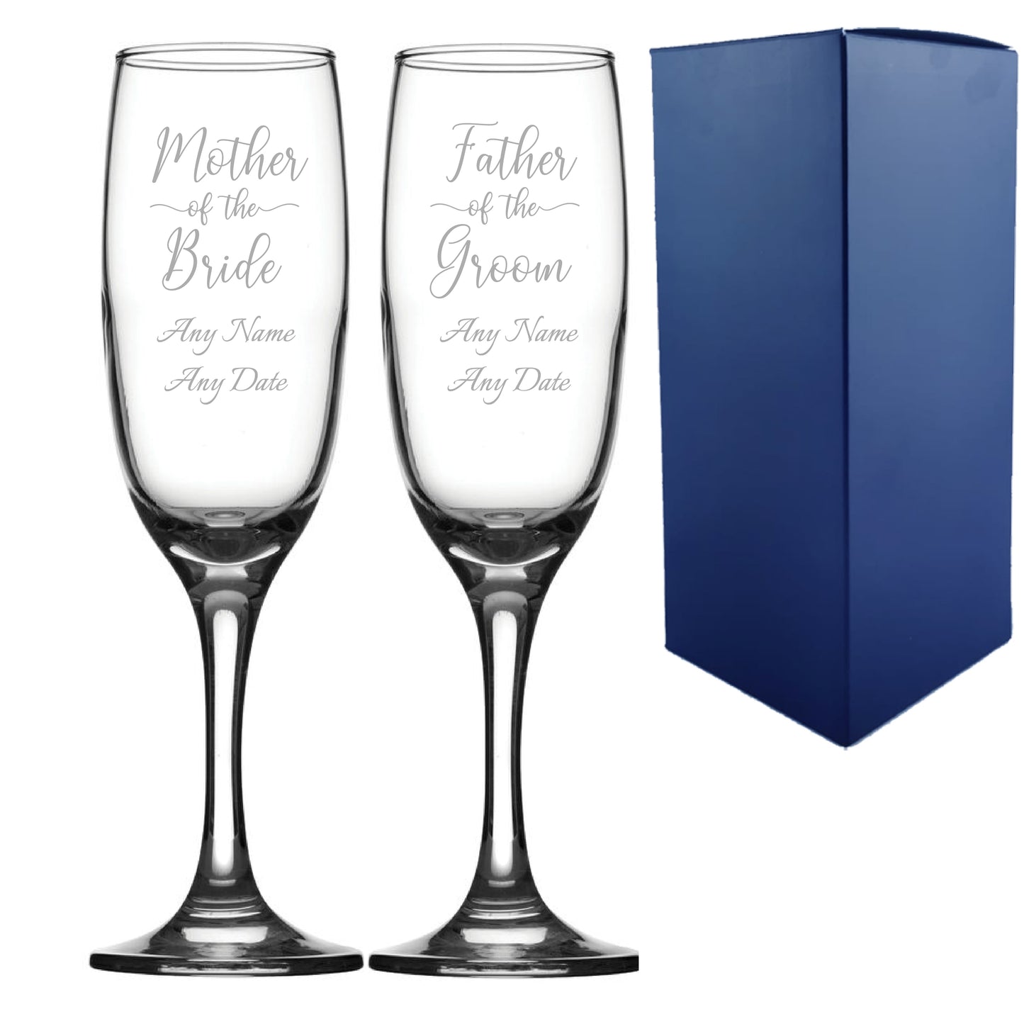 Engraved Wedding Champagne Set Mother/Father of the Bride/groom 2pc, Handwritten Font Image 1