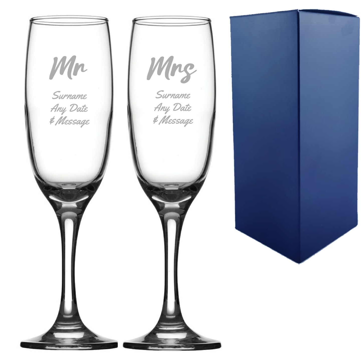 Engraved Wedding Champagne Set Mr and Mrs, Any Message, 7.5oz/221ml, Script Font Image 1