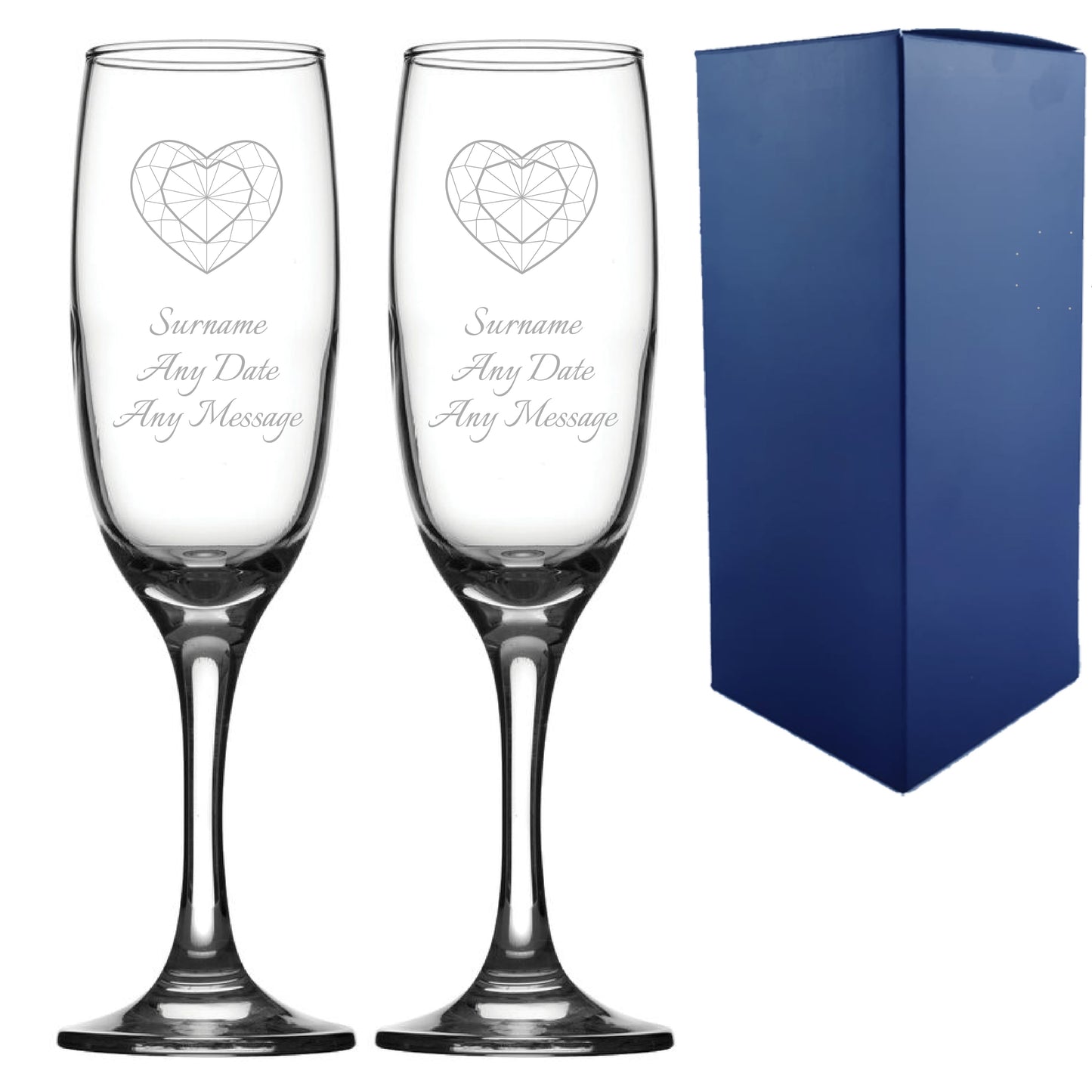 Engraved Wedding Champagne Set, Diamond Heart, Any Message, 7.5oz/221ml Image 1