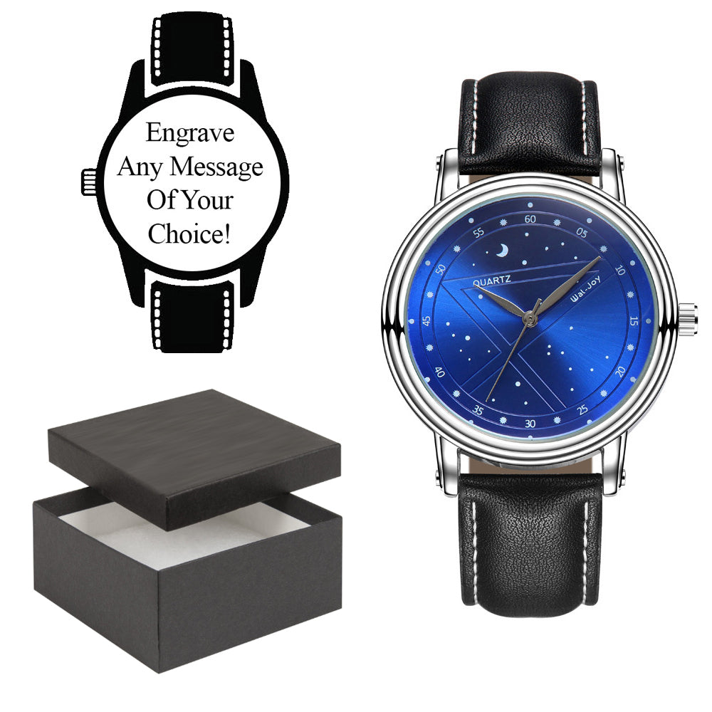 Engraved Black Leather Strap and Blue Face Watch Image 1