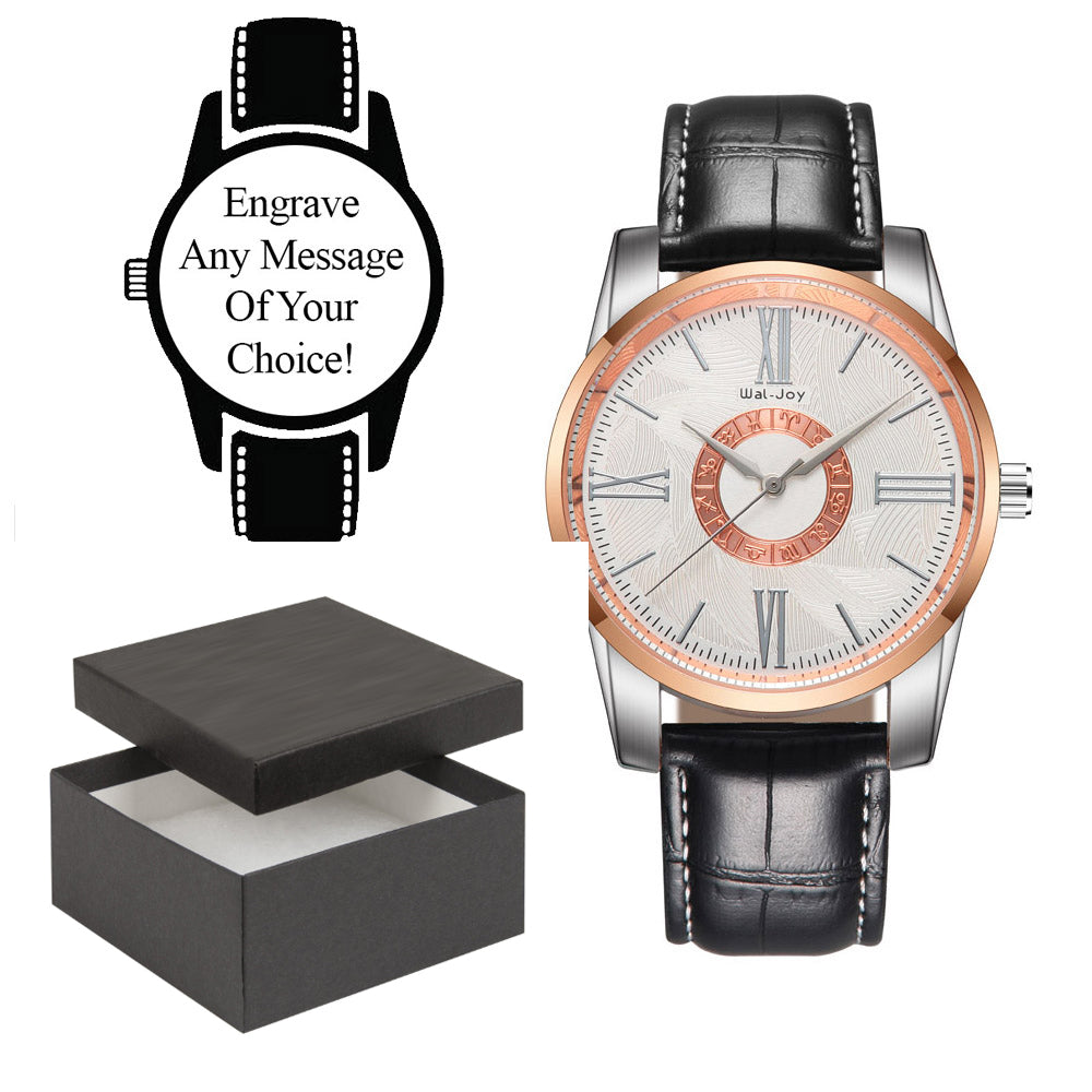 Engraved Black Leather Strap and White, Rose Gold Face Watch Image 1