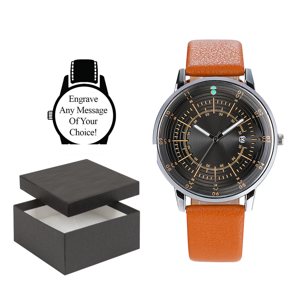 Personalised Engraved Watch Brown Leather Strap With a Face Ready For Business Image 1