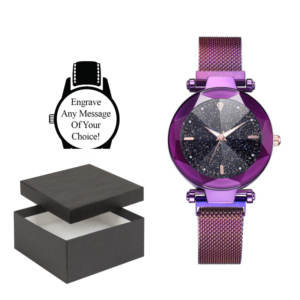 Personalised Engraved Watch Diamond Infused Black Watch Face with a Purple Body Image 2