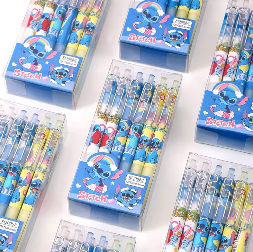 12pcs Stitch Gel Pens Cartoon New Pressing Pen Black Water Ink 0.5mm Cute Signature Pen Stationery Student children Gift