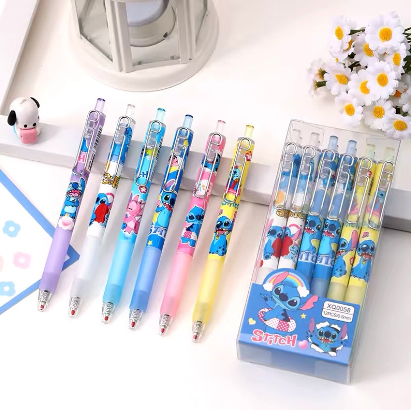 12pcs Stitch Gel Pens Cartoon New Pressing Pen Black Water Ink 0.5mm Cute Signature Pen Stationery Student children Gift