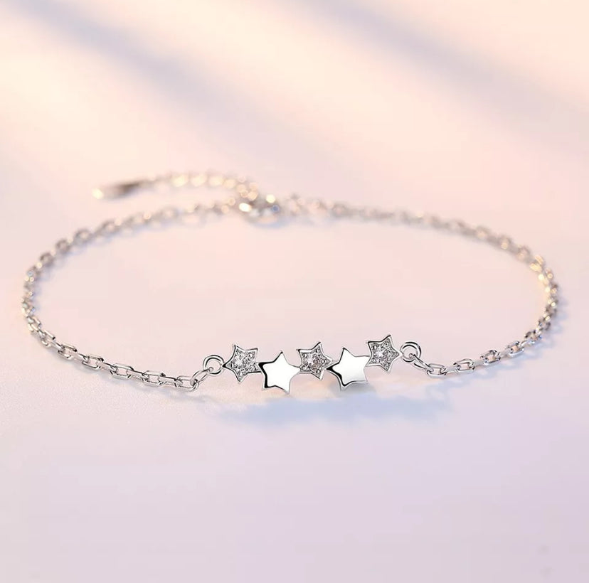 925 Sterling Silver Crystal Star Linked Charm Bracelet Women Girls Jewellery