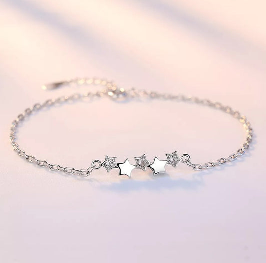 925 Sterling Silver Crystal Star Linked Charm Bracelet Women Girls Jewellery