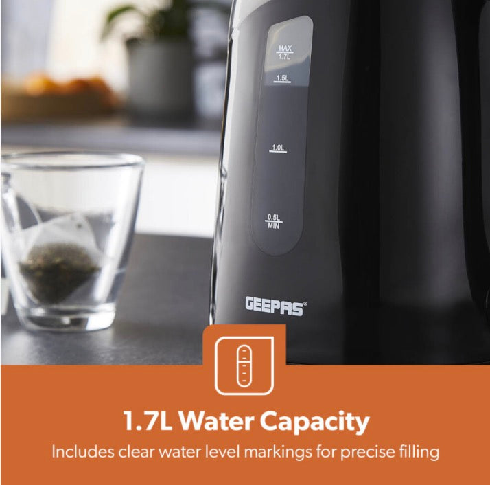 Geepas 2200W Illuminating Electric Kettle 1.7L Auto Shut Off Cordless, Black