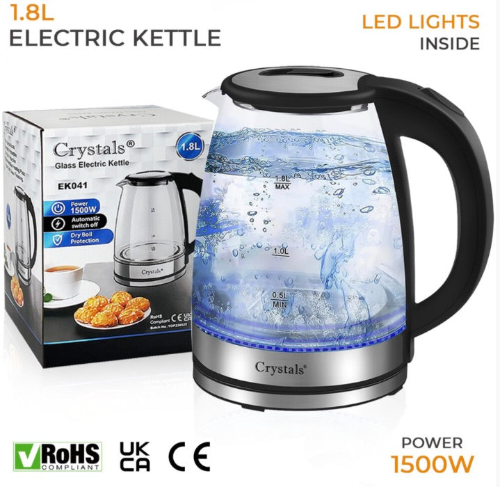 1.8L Electric Kettle Glass 360 Blue LED Illuminated Portable Jug 1500W
