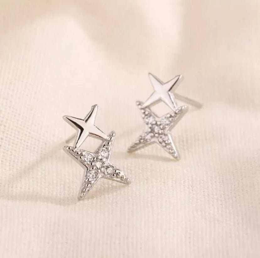 925 Sterling Silver Crystal Star Linked Stud Earrings