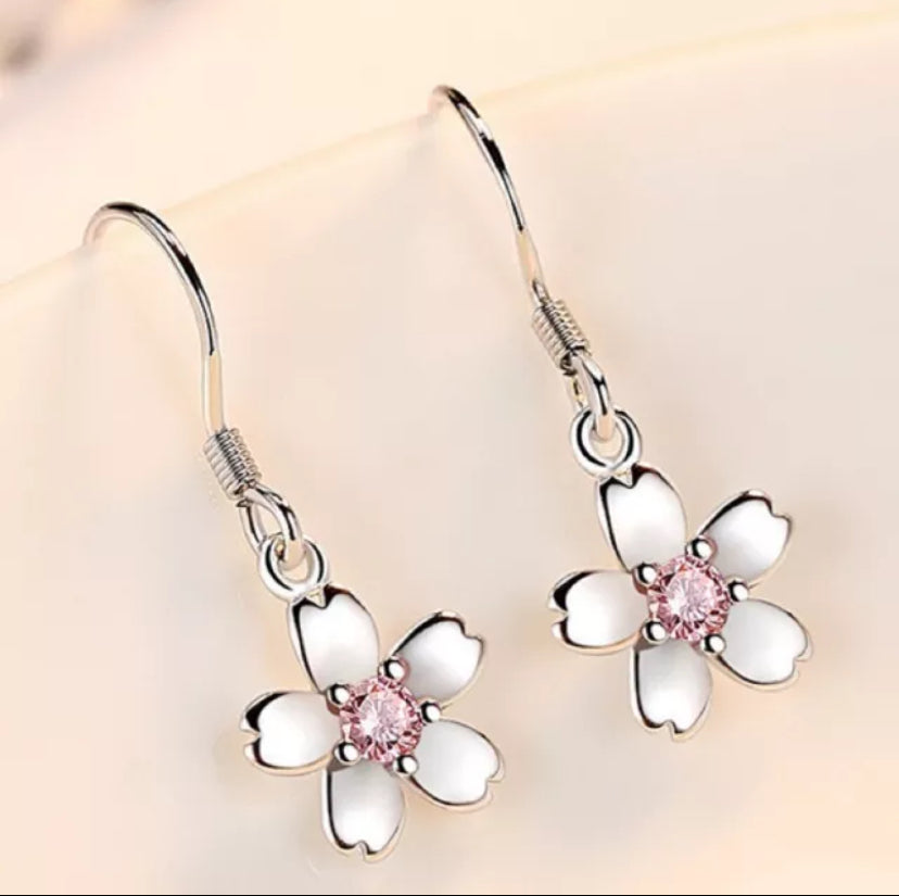 Women Girls 925 Sterling Silver Crystal Flower Drop Hook Earrings