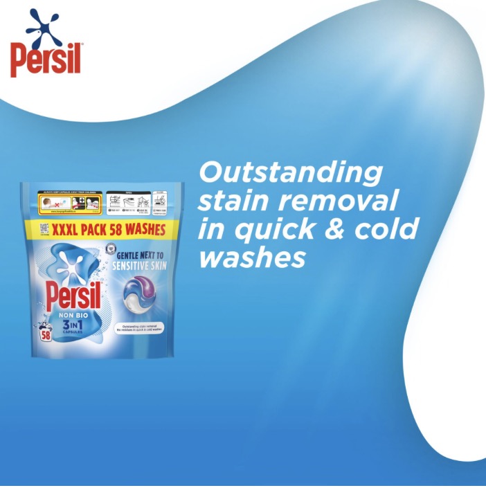 Persil Non Bio 3 in 1 Washing Capsules laundry capsules gentle next to sensitive skin for outstanding stain removal in quick & cold washes 58 washes