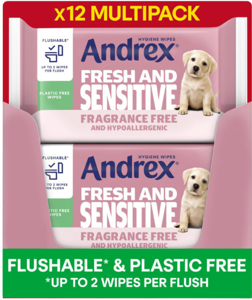 Andrex Fresh and Sensitive Hygiene Wipes, 12 Pack; Flushable Moist Toilet Tissue, Hypoallergenic and Fragrance Free Wet Wipes for Sensitive Skin (Pack