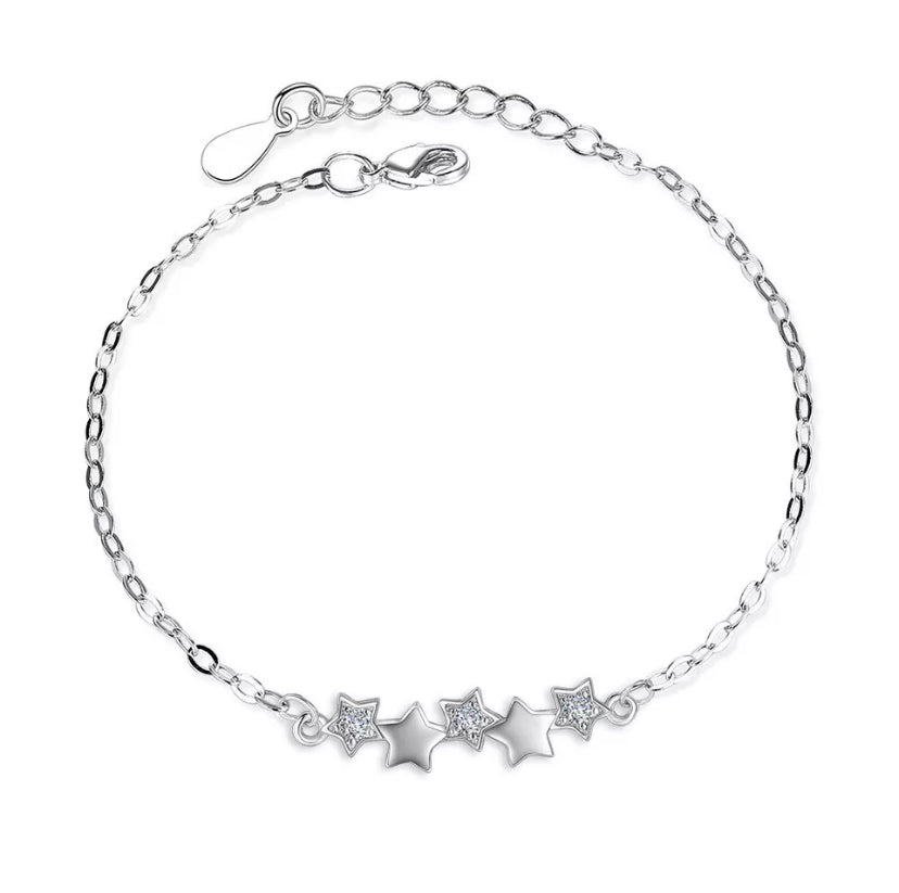 925 Sterling Silver Crystal Star Linked Charm Bracelet Women Girls Jewellery