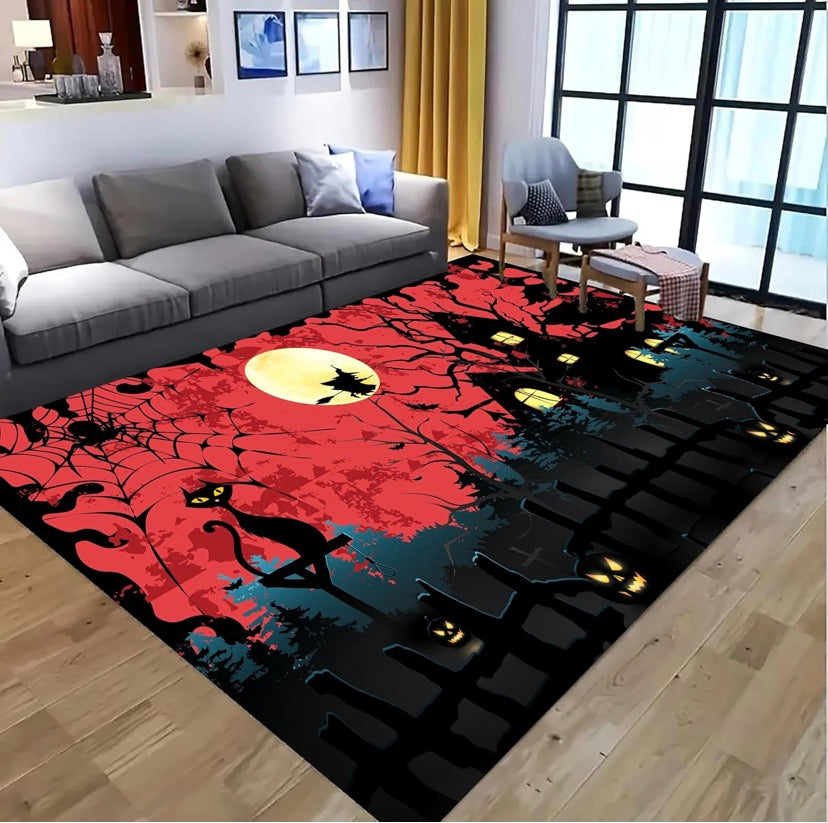 Gothic Haunted House Area Rug, 60x90cm, Spider Web Cat Witch Moonlit Forest Horror Halloween Rug, Modern Soft Non-Slip Machine-Washable Rugs in Black and Red for Living Room Bedroom