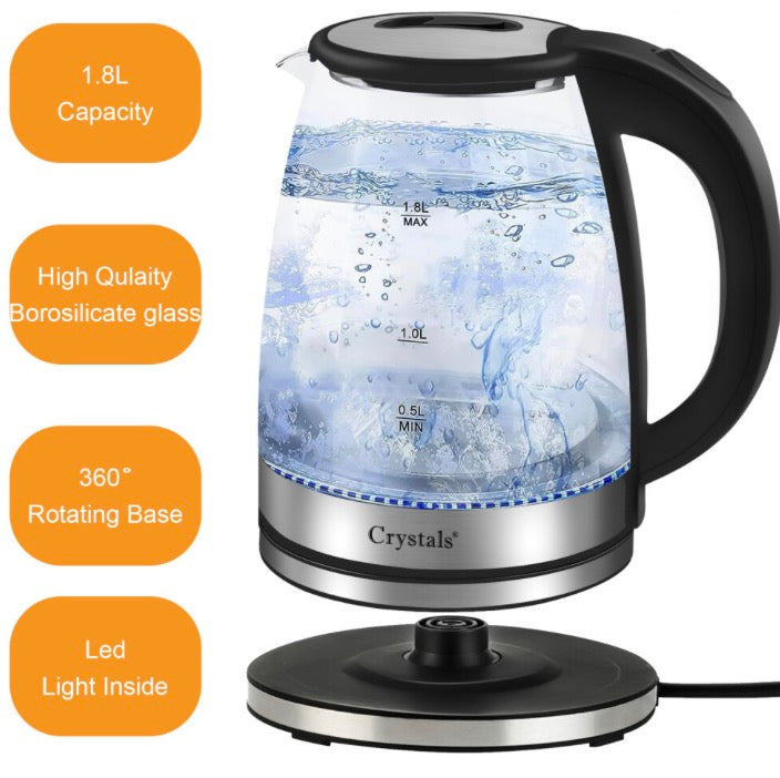 1.8L Electric Kettle Glass 360 Blue LED Illuminated Portable Jug 1500W