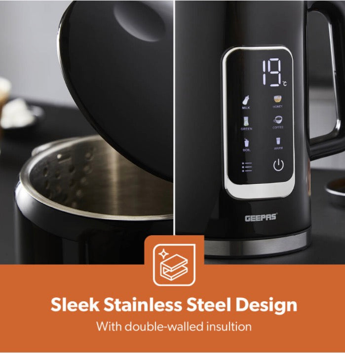 Geepas Electric Kettle 2200W ,1.7L Jug, 5 Temperature Settings, Black