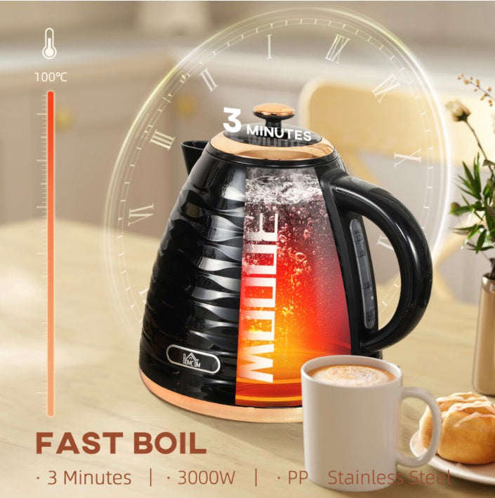 HOMCOM Electric Kettle, Fast Boil, 1.7L, 3kW, Swivel, Black Ripple