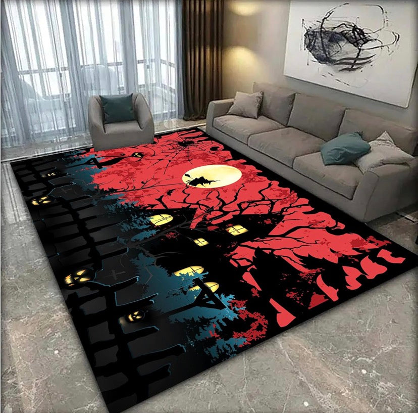 Gothic Haunted House Area Rug, 60x90cm, Spider Web Cat Witch Moonlit Forest Horror Halloween Rug, Modern Soft Non-Slip Machine-Washable Rugs in Black and Red for Living Room Bedroom