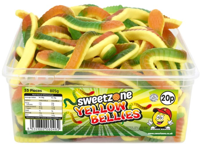 Yellow Bellies 800g TUB - 1H055) Halal Sweets Cola Bottles, Sour Suckers, Twin Cherries 800g Tubs HMC Certified