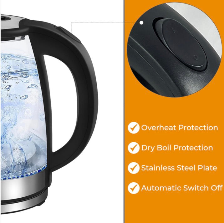 1.8L Electric Kettle Glass 360 Blue LED Illuminated Portable Jug 1500W