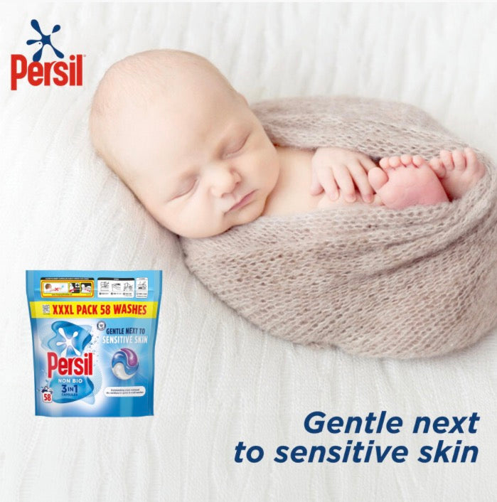 Persil Non Bio 3 in 1 Washing Capsules laundry capsules gentle next to sensitive skin for outstanding stain removal in quick & cold washes 58 washes