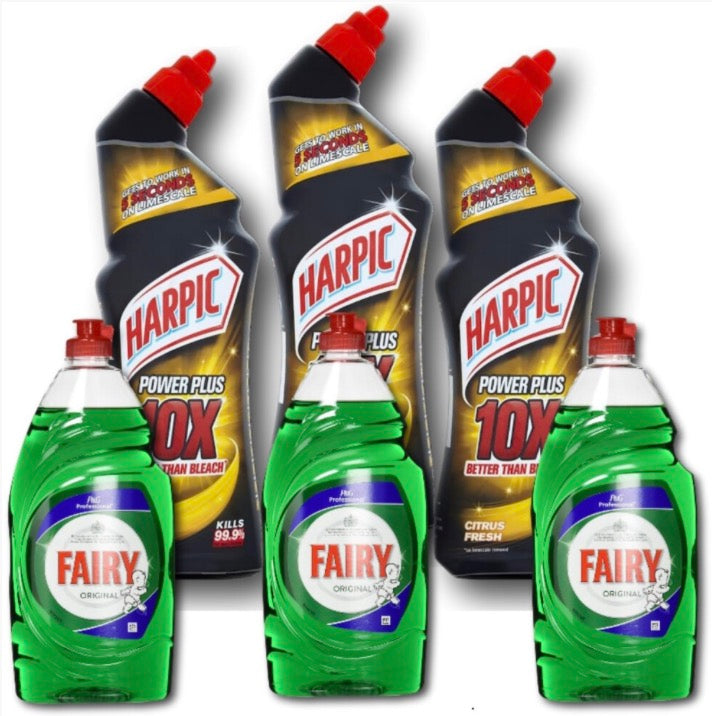 Harpic Power Plus Citrus 3x750ml & Fairy Original Washing Up Liquid 3x900ml - Powerful Cleaning Bundle for Household