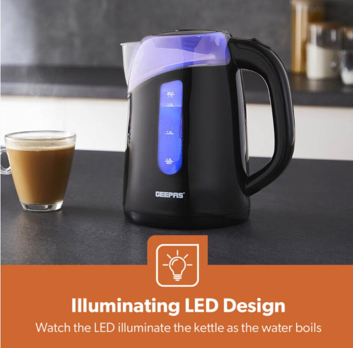 Geepas 2200W Illuminating Electric Kettle 1.7L Auto Shut Off Cordless, Black