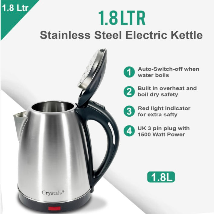 1.8L Electric Kettle Stainless Steel 360 Red Light Portable Jug 1500W