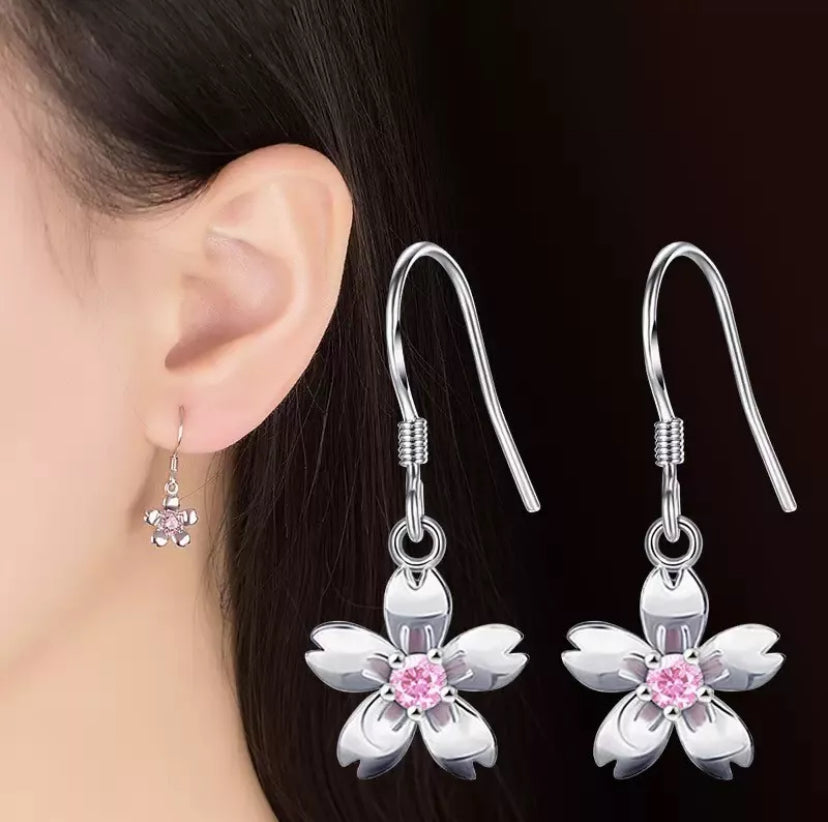 Women Girls 925 Sterling Silver Crystal Flower Drop Hook Earrings