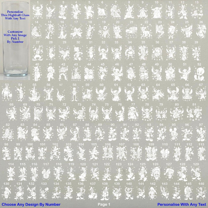 Disney Stitch, Angel And Lilo Highball Glass Designs Engraved And Personalised
