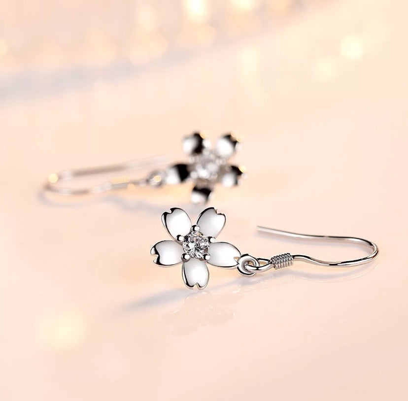 Women Girls 925 Sterling Silver Crystal Flower Drop Hook Earrings