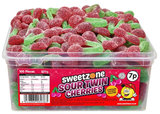 Sour Twin Cherries 800g TUB - 1H046) Halal Sweets Cola Bottles, Sour Suckers, Twin Cherries 800g Tubs HMC Certified