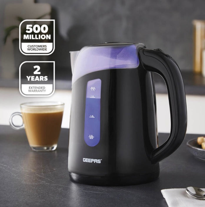 Geepas 2200W Illuminating Electric Kettle 1.7L Auto Shut Off Cordless, Black