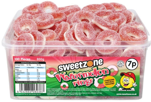 Watermelon Rings 800g TUB - 1H053) Halal Sweets Cola Bottles, Sour Suckers, Twin Cherries 800g Tubs HMC Certified