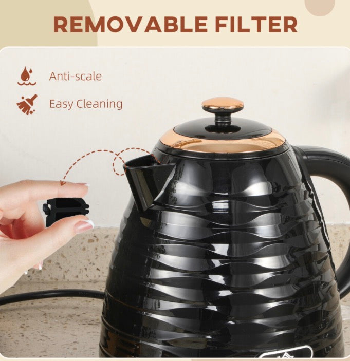 HOMCOM Electric Kettle, Fast Boil, 1.7L, 3kW, Swivel, Black Ripple