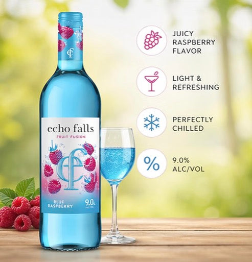 Echo Falls Fruit Fusion Blue Raspberry Wine Drink 9% ABV, 75cl Bottles (Case of 6) – Sweet Blue Raspberry Flavoured Fruit Wine, Ready to Serve, Party & Sharing Drink