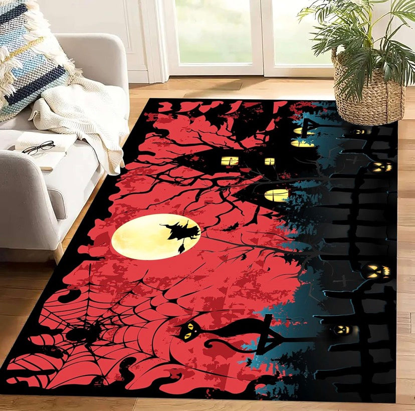 Gothic Haunted House Area Rug, 60x90cm, Spider Web Cat Witch Moonlit Forest Horror Halloween Rug, Modern Soft Non-Slip Machine-Washable Rugs in Black and Red for Living Room Bedroom