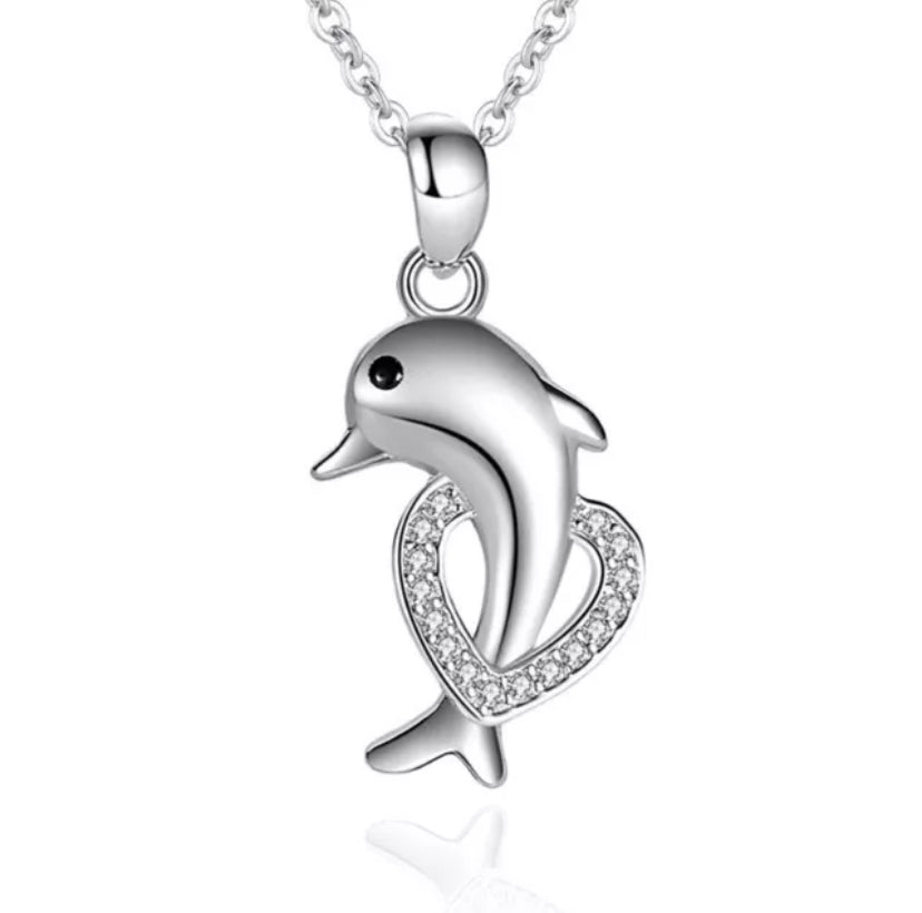 925 Sterling Silver Dolphin Crystal Heart Pendant Necklace Women Jewellery Gift