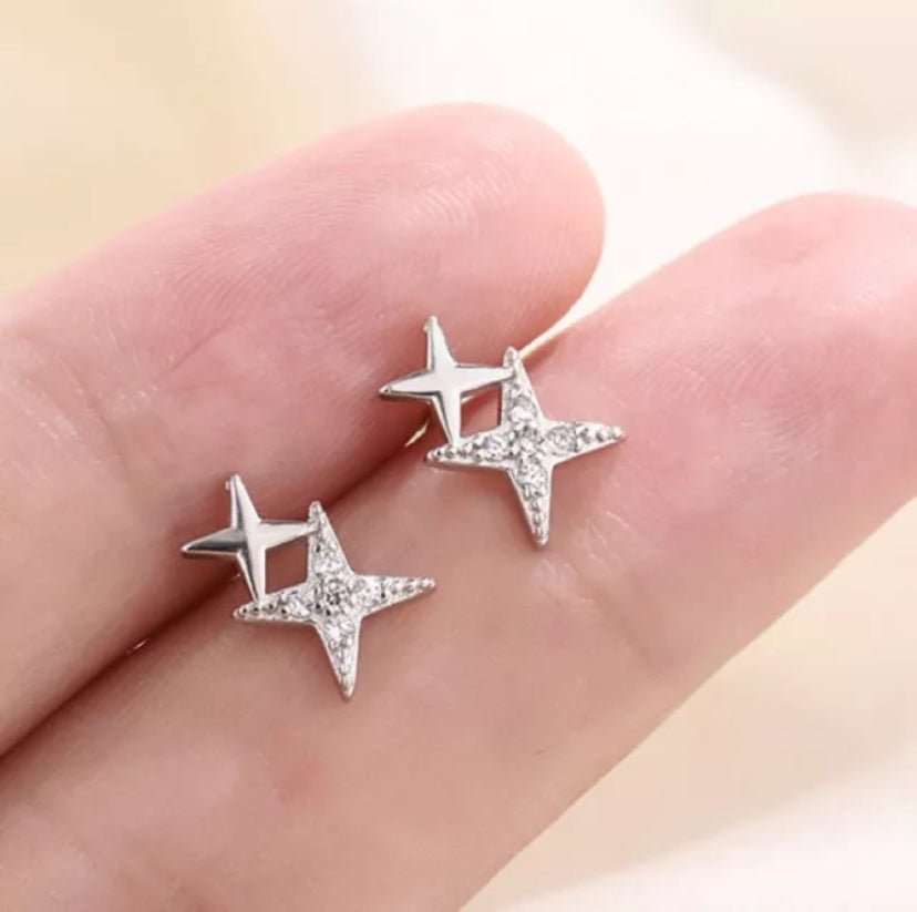 925 Sterling Silver Crystal Star Linked Stud Earrings