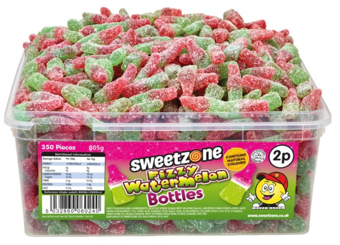 Watermelon Bottles 800g TUB - 1H051) Halal Sweets Cola Bottles, Sour Suckers, Twin Cherries 800g Tubs HMC Certified