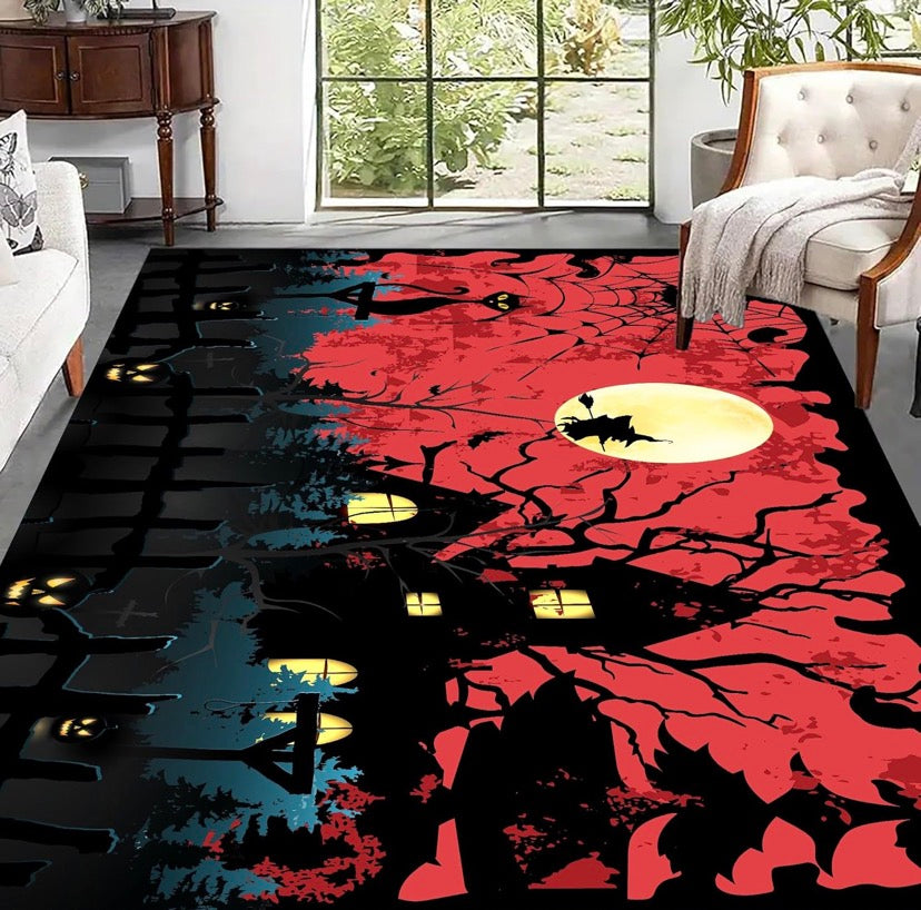 Gothic Haunted House Area Rug, 60x90cm, Spider Web Cat Witch Moonlit Forest Horror Halloween Rug, Modern Soft Non-Slip Machine-Washable Rugs in Black and Red for Living Room Bedroom