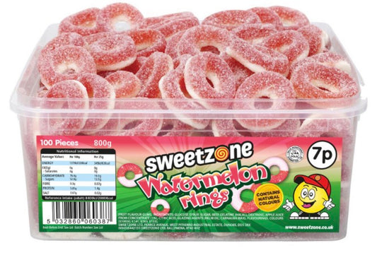 Watermelon Rings 800g TUB - 1H053) Halal Sweets Cola Bottles, Sour Suckers, Twin Cherries 800g Tubs HMC Certified