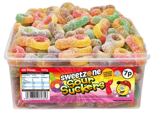 Sour Suckers 800g TUB - 1H045) Halal Sweets Cola Bottles, Sour Suckers, Twin Cherries 800g Tubs HMC Certified